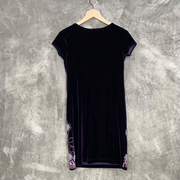 Vintage 90s Girls Dress Size 14 Deep Purple Velvet Embroidered Flowers Y2K - Picture 6 of 9